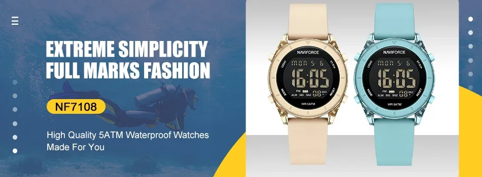 NAVIFORCE Digital Women Watch Waterproof Silicone Strap Time Date Alarm