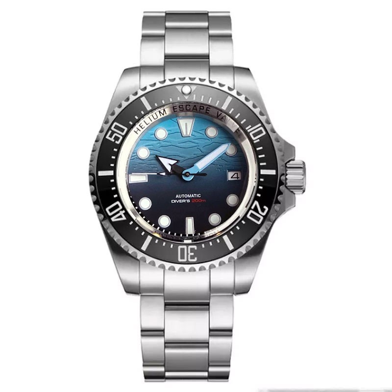 43mm NH35 Movement Auto Men Watch Blue Ocean Pattern Dial Helium Device 10BAR