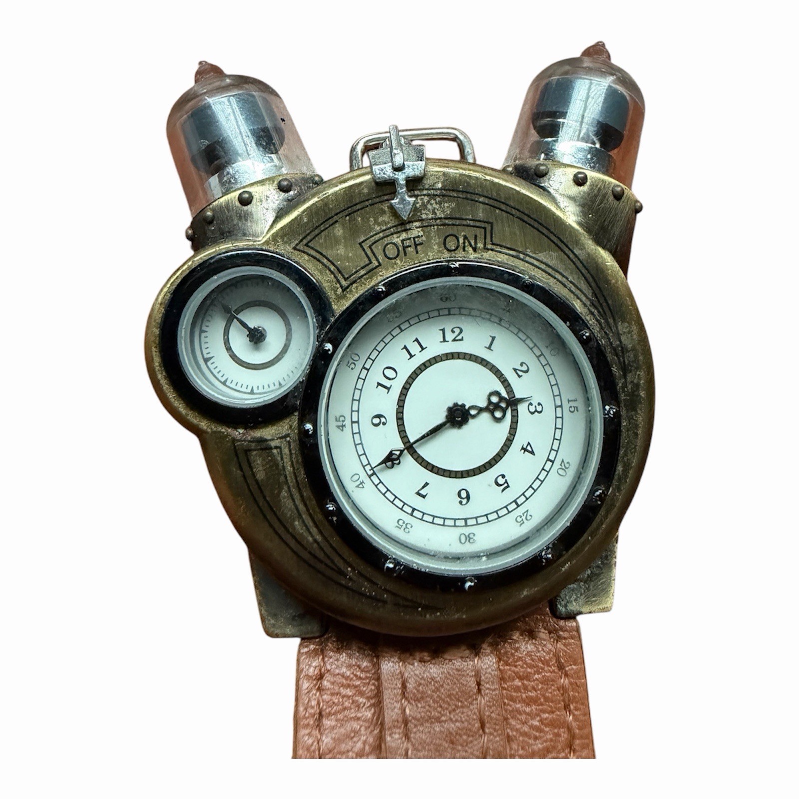 ThinkGeek Steampunk Tesla Analog Watch Leather Strap W/ Key Stainless Steel Case