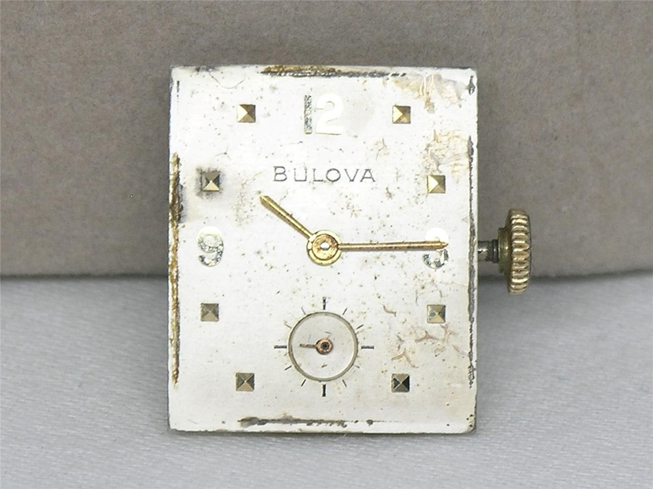 VINTAGE BULOVA 21 JEWEL 8AC WRIST WATCH MOVEMENT & DIAL & CROWN PARTS, TICKS