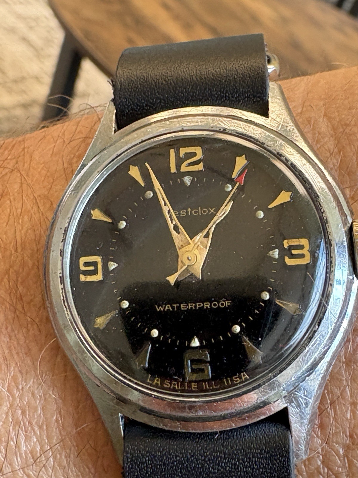 Vintage Westclox Military Watch Waterproof La Salle USA Black Face New Leather