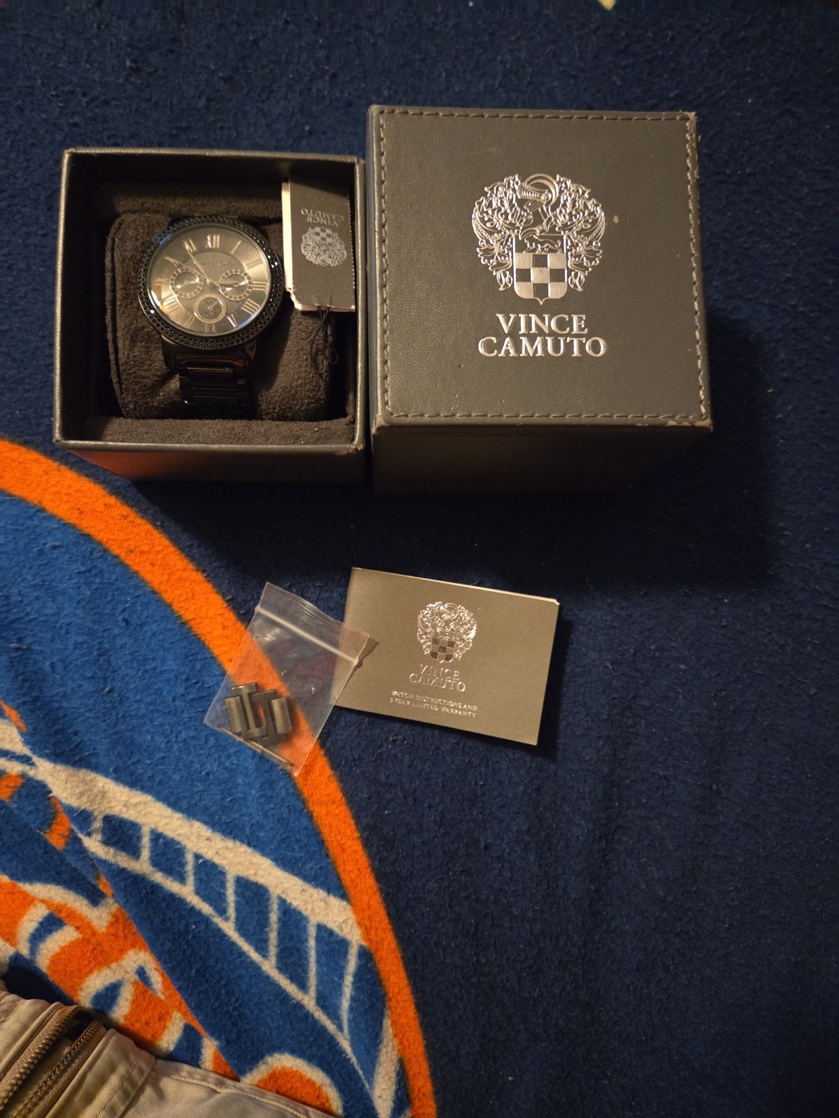 Vince Camuto Mens Black Crystal Watch Crest Logo Roman Numeral Subdial Box Links