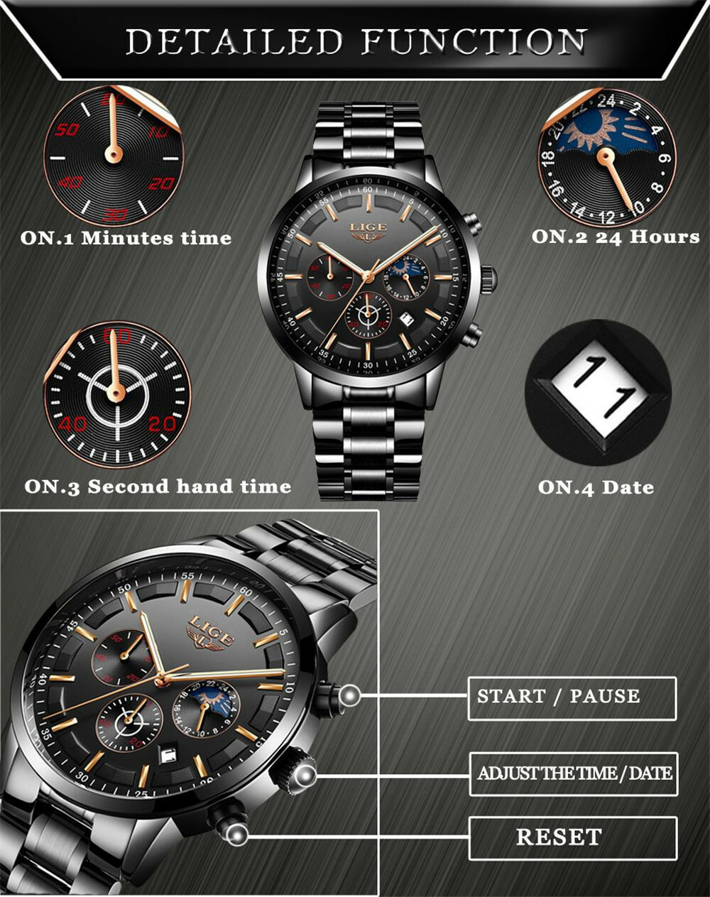 LIGE Men Watches Male Steel Business Chronograph Wristwatch Fashion Quartz Watch