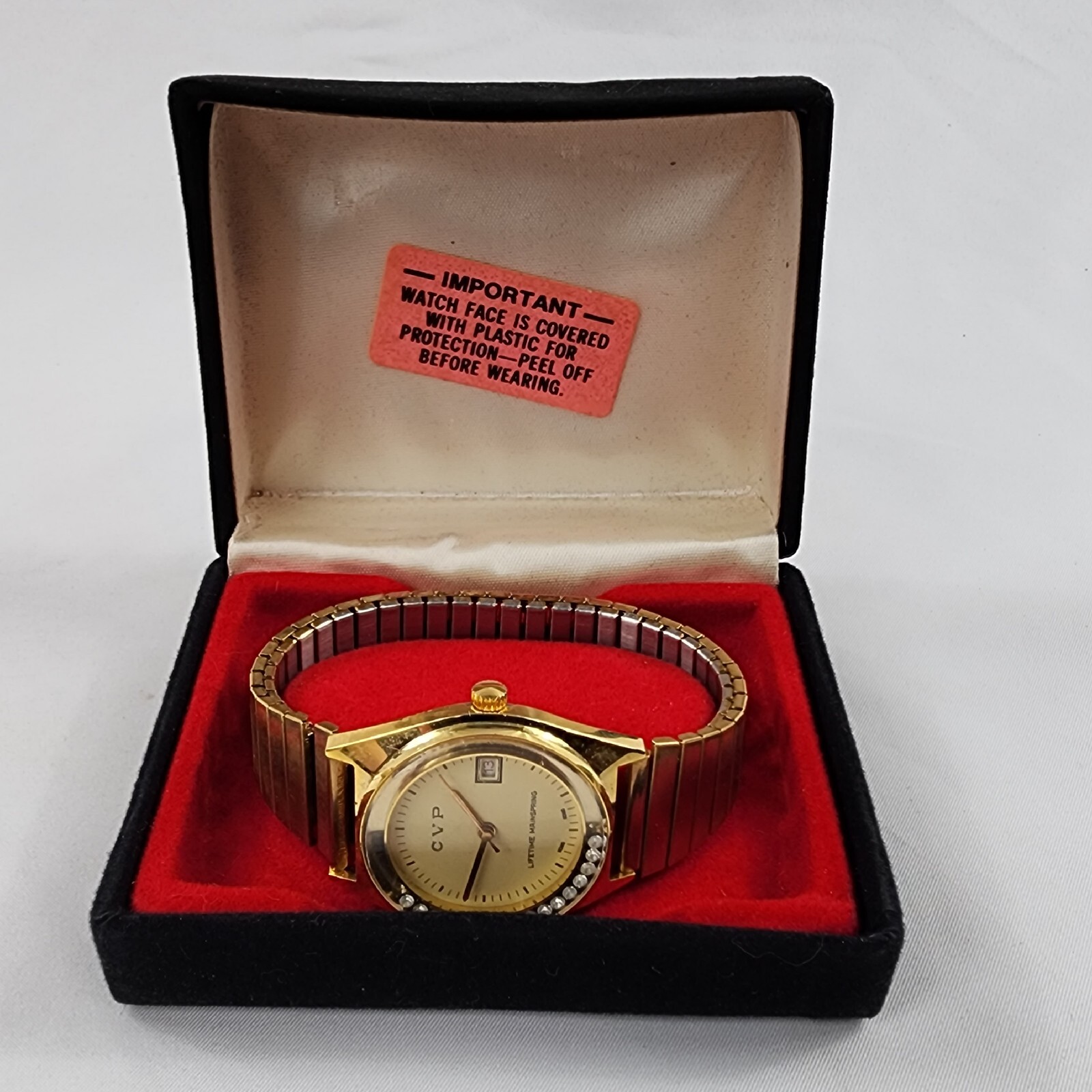 Vtg CVP VIII Lifetime Mainspring Analog Watch Floating Crystals Gold Tone Womens