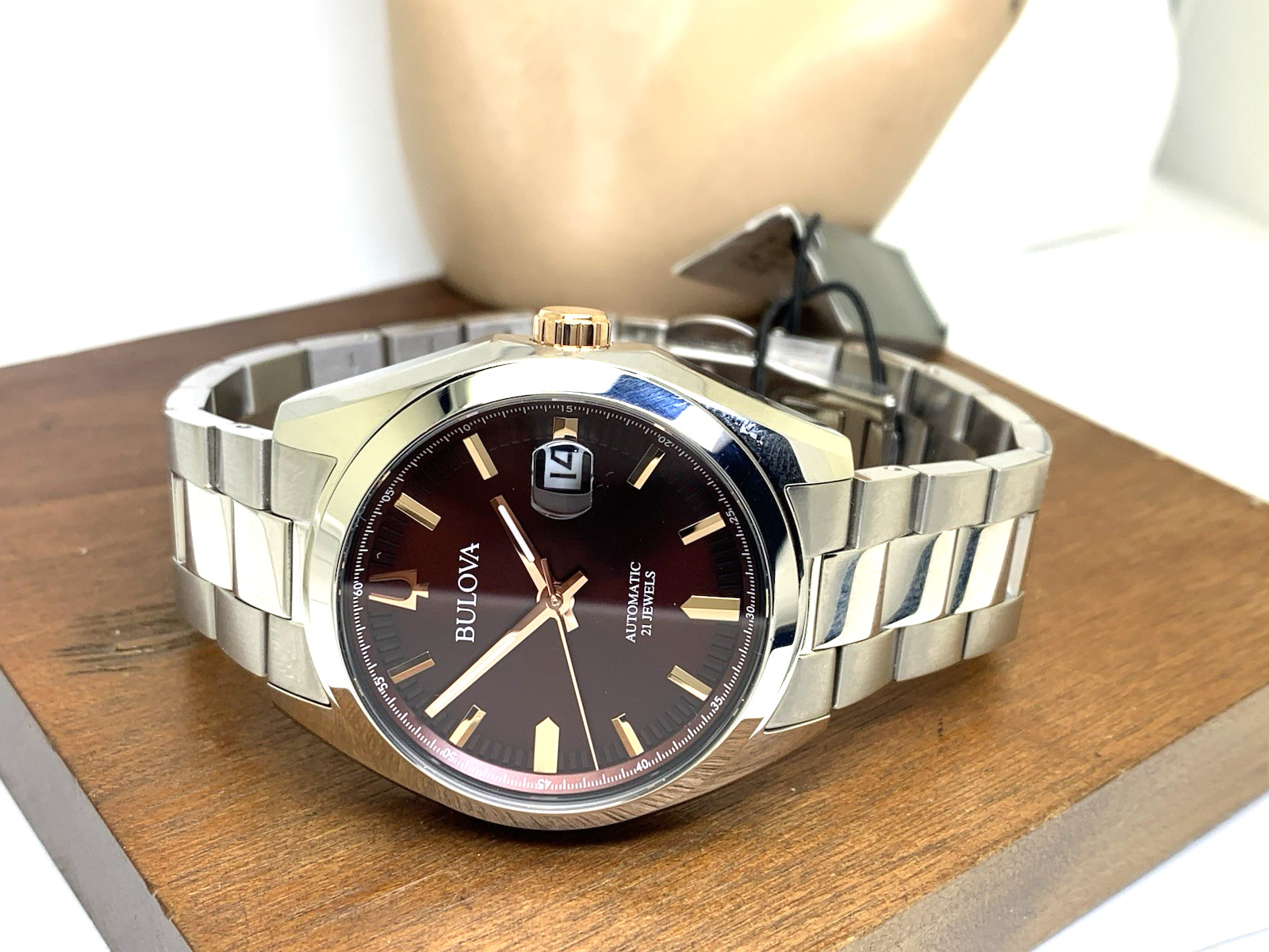 Bulova Men’s Watch 98B422 Automatic Burgundy Dial Silver Stainless Steel 39mm