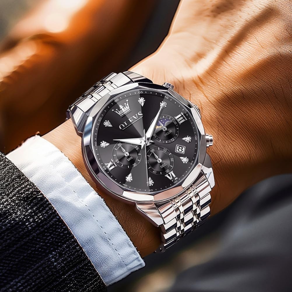 Elegant Silver & Black Men’s Watch with Diamond Accents – Business Dress Style