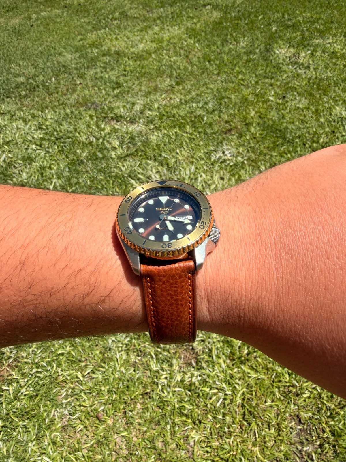 Seiko 5 Sports SRPK24 Two Tone Brown Dial Men’s Watch w/ Leather Strap