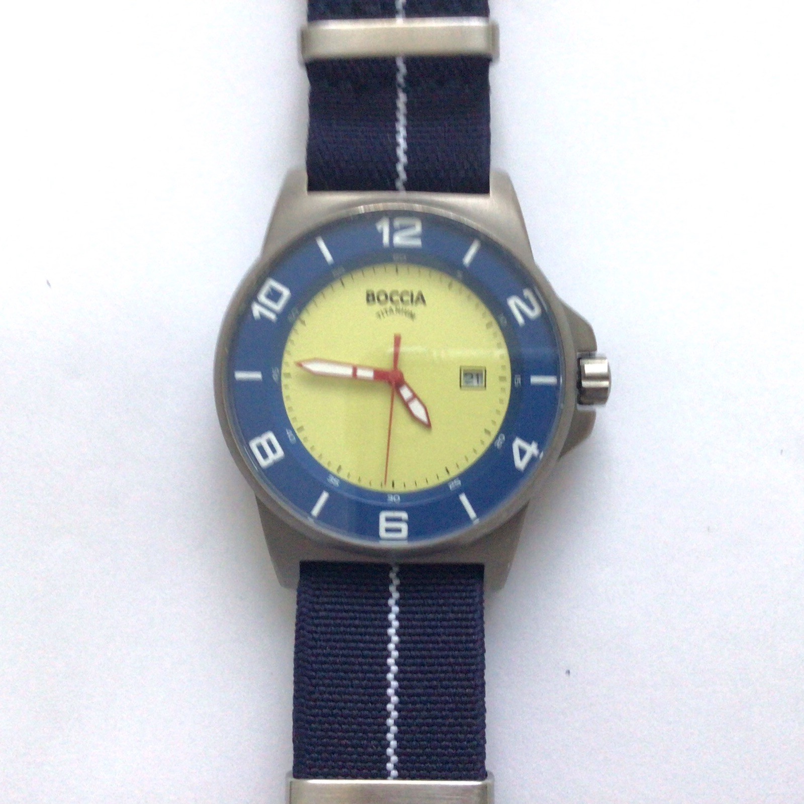 Boccia Titanium ID Men’s Blue Yellow Two Tone Watch Blue Stretch Canvas Band