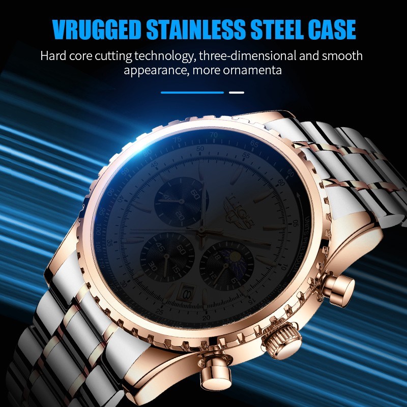 Luxury Men Watch Quartz Date Moon Phase Chronograph Waterproof Sport Wristwatch