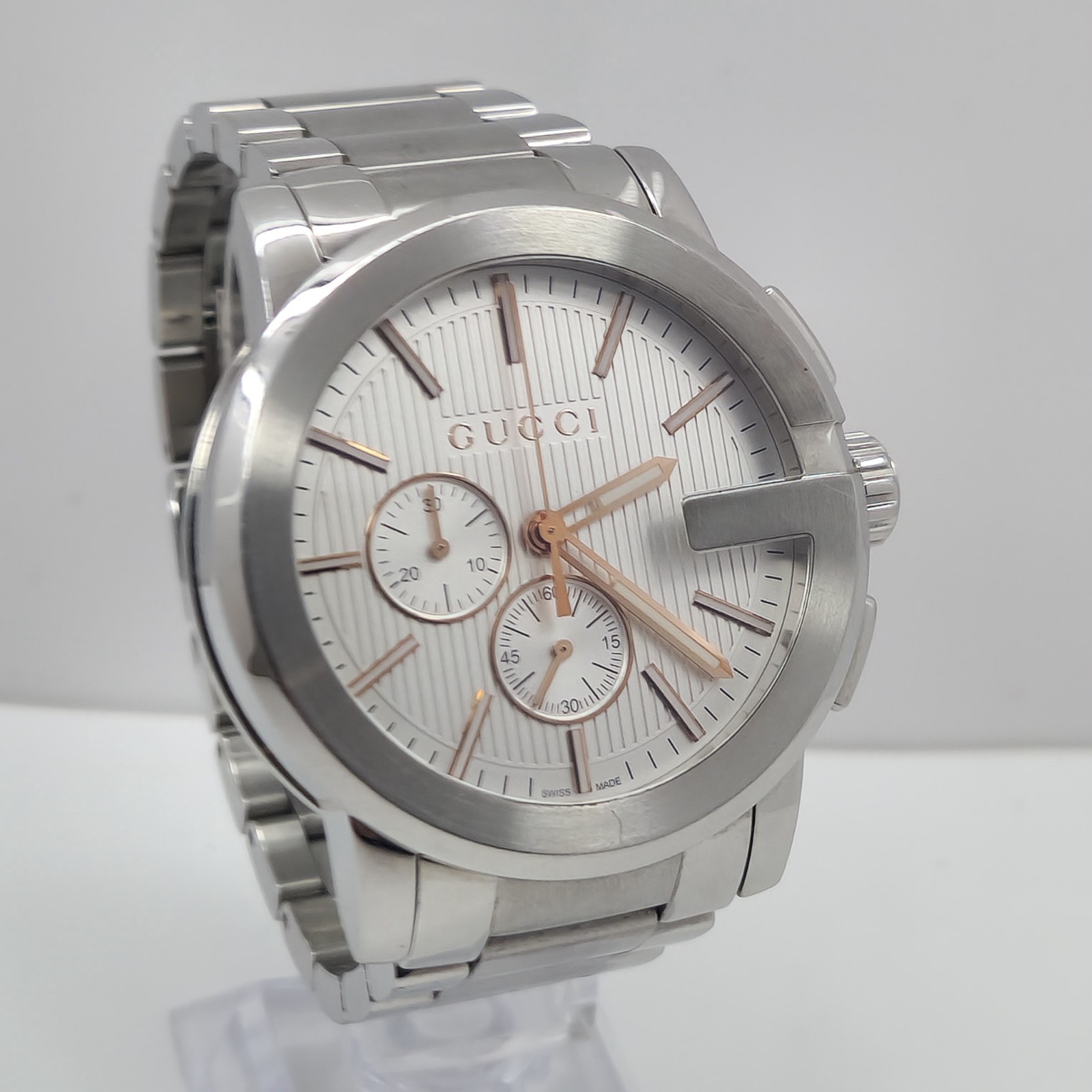 GUCCI G-CHRONO MENS $1820 SILVER ROSE GOLD ACCENTS CHRONOGRAPH WATCH YA101201