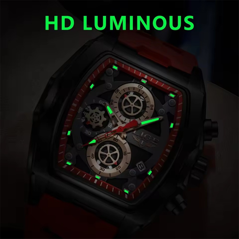 LIGE Men Silicone Watch Rectangle Sport Wristwatch Chronograph Date Male Watches