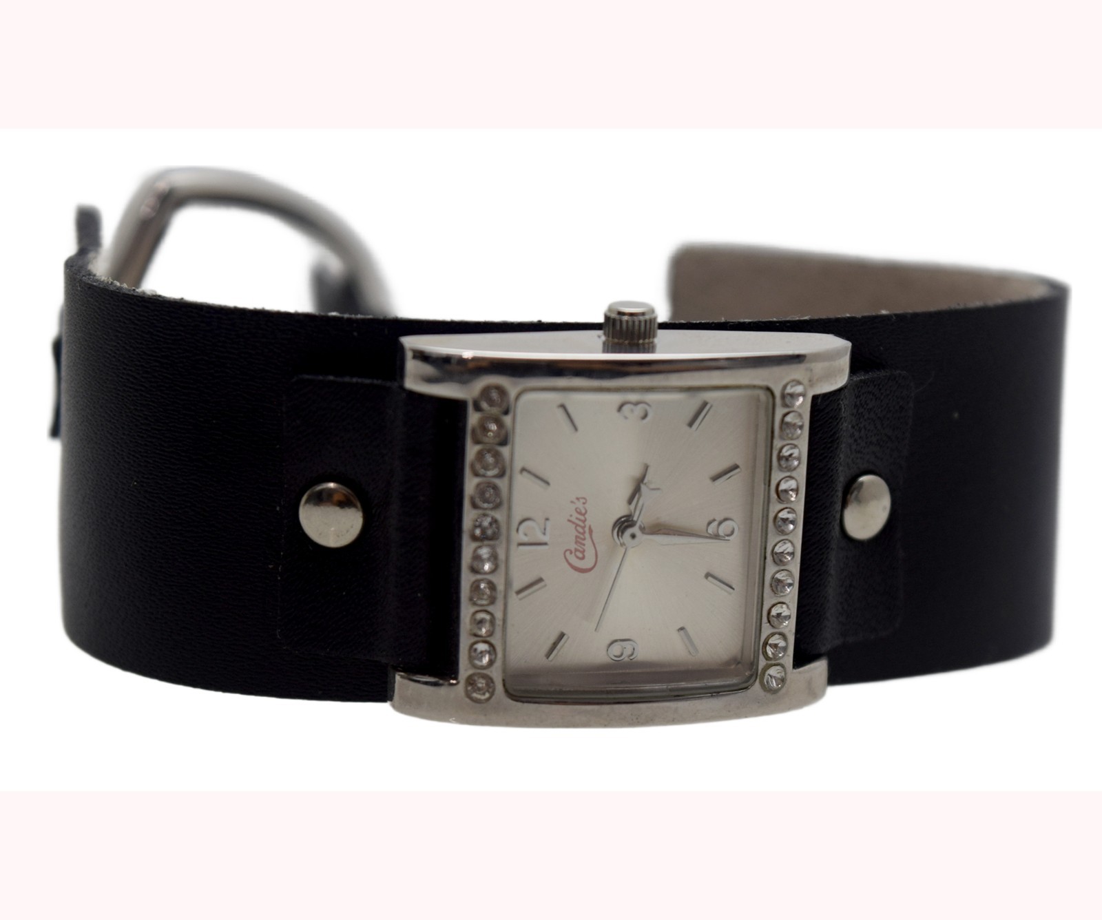CANDIE’S: TEEN’S/ GIRLS BLACK LEATHER BAND SQUARE RHAINSTONES CASE ANALOG WATCH