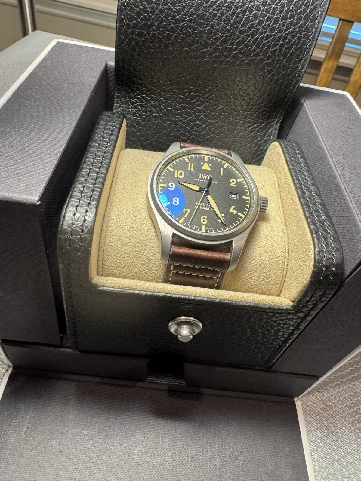 IWC Pilot’s Watch Mark XVIII Titanium Black Dial Date Brown Leather Strap