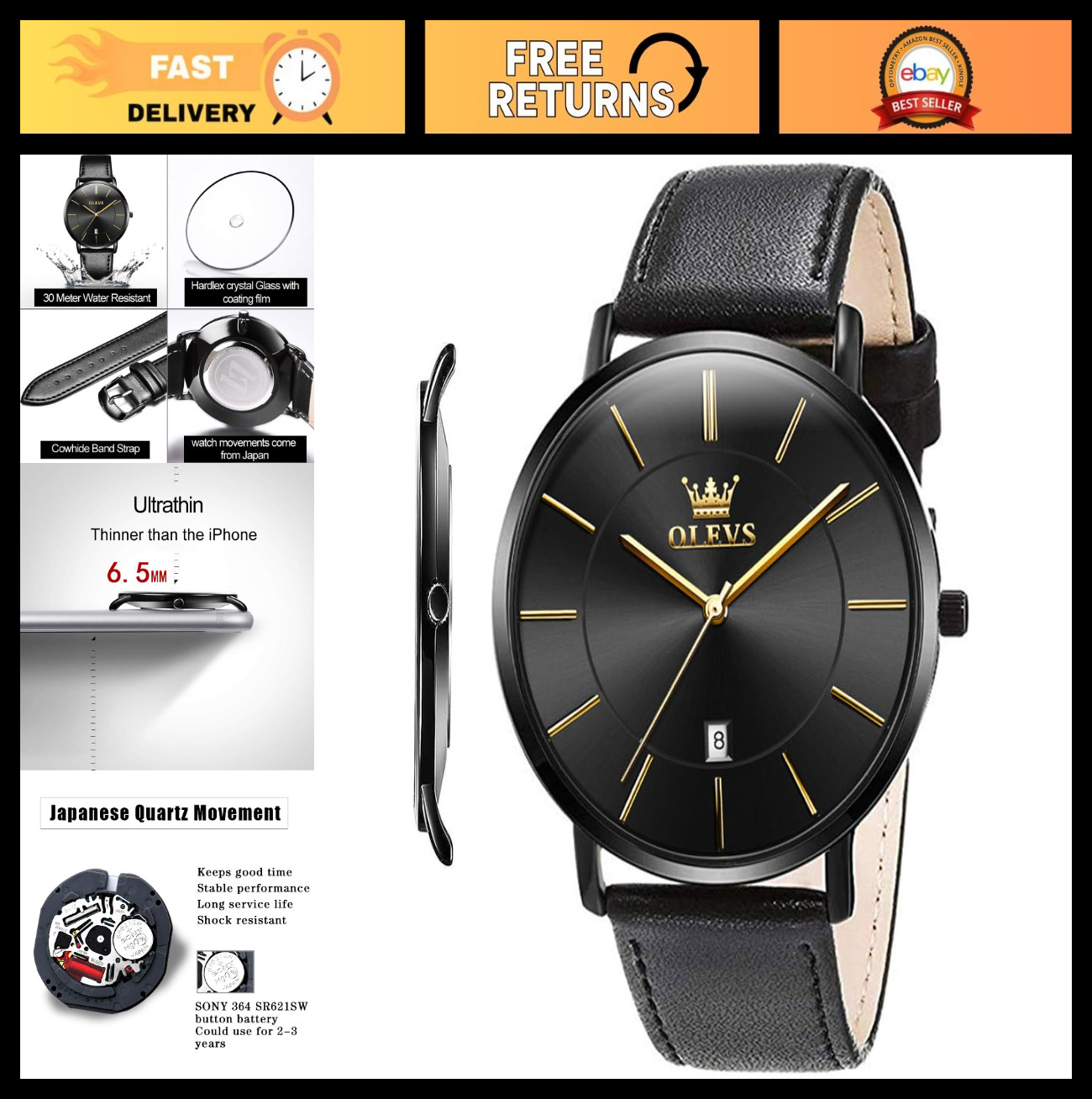 Men’s Ultra Thin Leather Watch 6.5mm – Minimalist Waterproof Date Dress & Casual