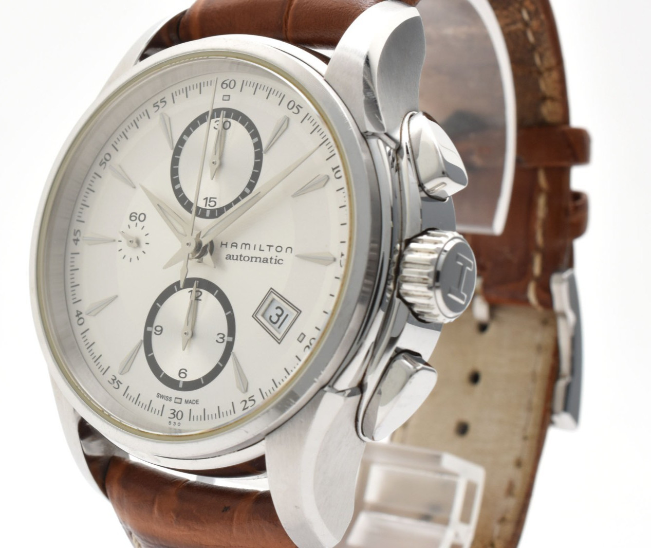 HAMILTON H326160 Jazzmaster Auto Chronograph White Dial Brown Leather Mens Watch