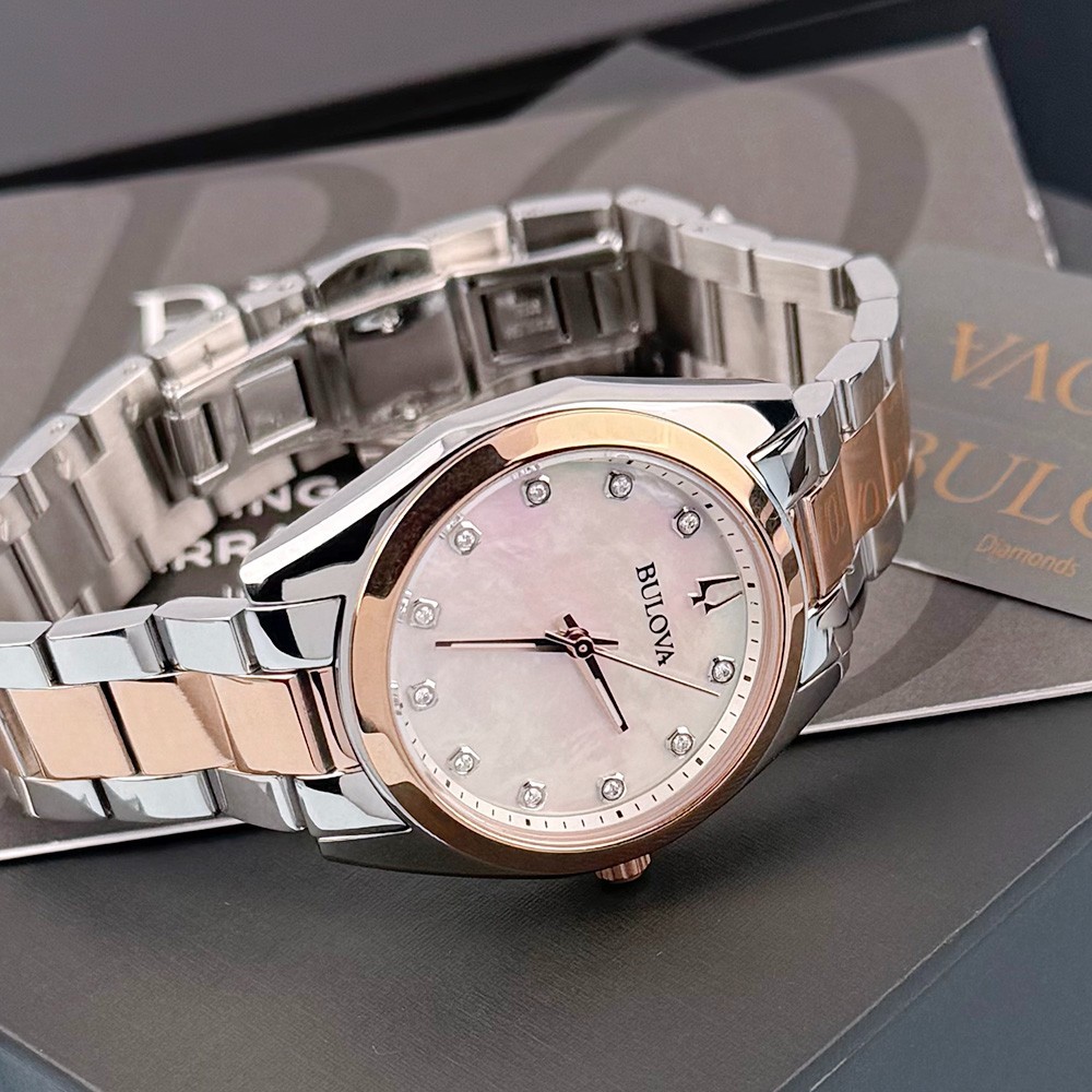 Women’s Bulova 98P207 Surveyor Diamond Mother of Pearl Dial Silver Gold Watch