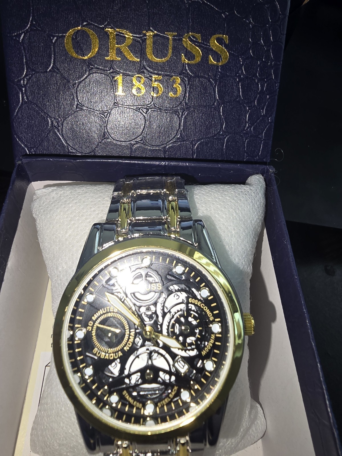 ORUSS 1853 Men’s Skeleton Style Quartz Watch Two Tone Stainless Steel w/Box Tool