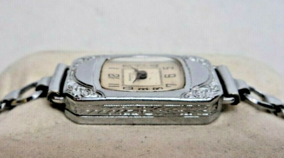 1920s BRUNVIL 15J 3Adj. Swiss Engraved White Gold Fill Art Nouveau Womens Watch