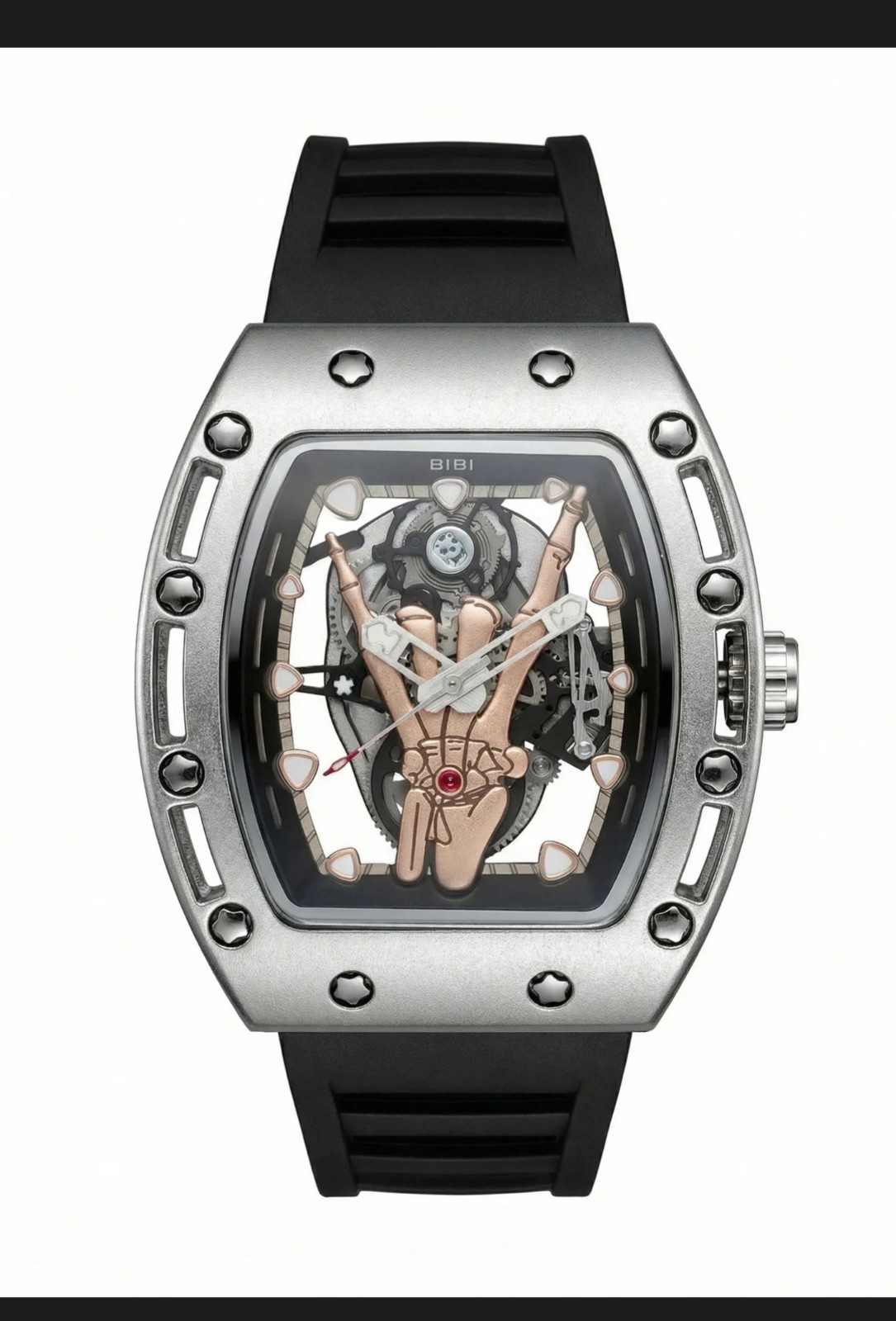 BIBI Skeleton Dial Men’s Watch Silicone Strap 50mm Alloy Case Quartz NIB