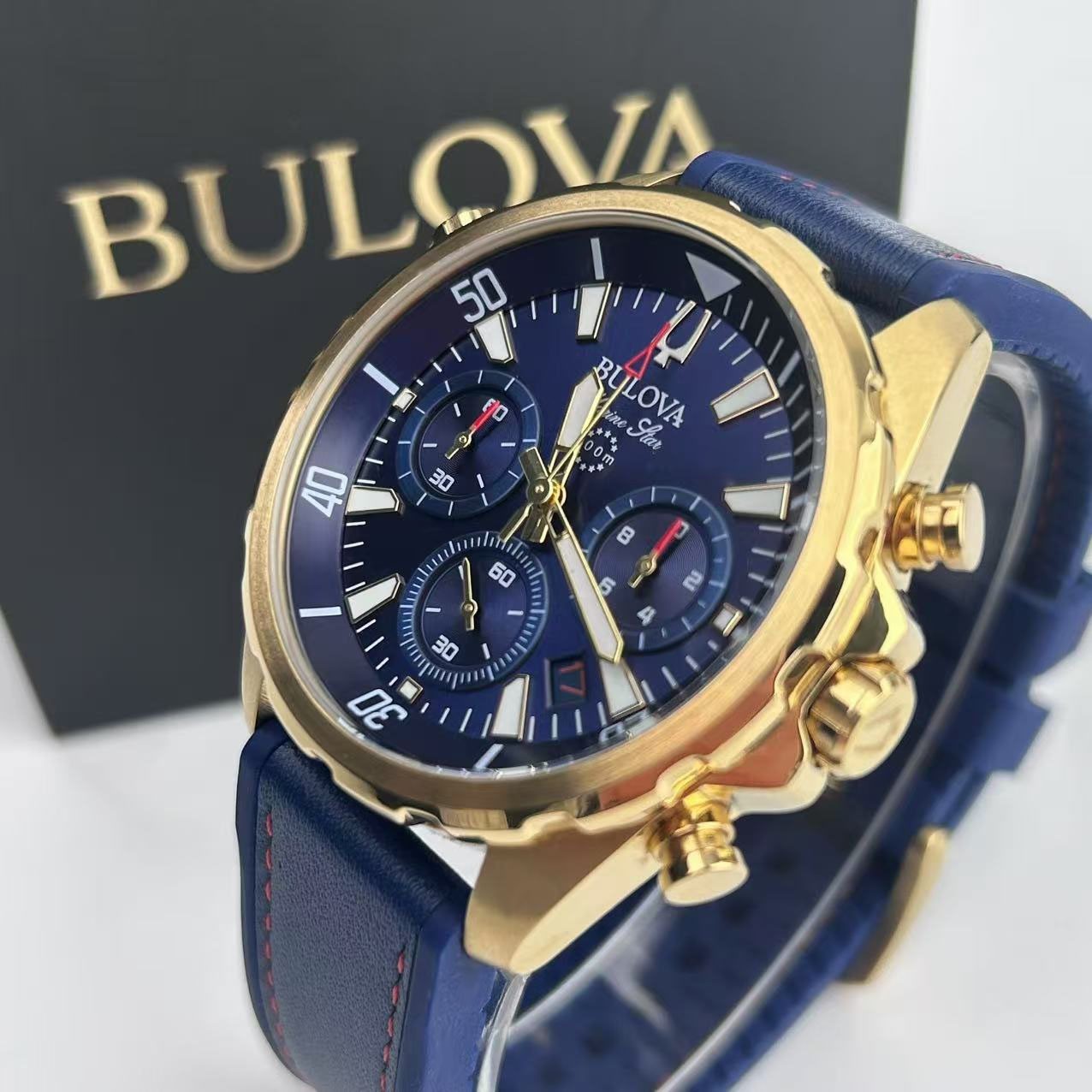 Bulova 97B168 Men’s Marine Star Chronograph Quartz Watch Blue Dial Rubber Strap