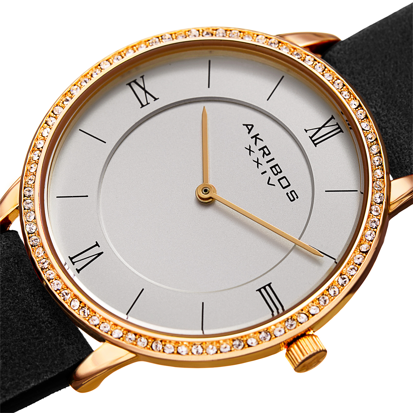Women’s Akribos XXIV AK924YGB Gold Tone Swarovski Crystal Black Strap Watch