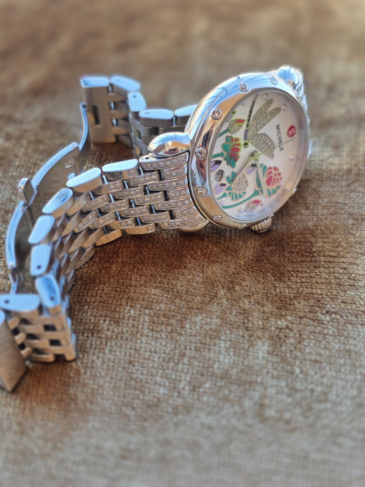 Michele Garden Party Watch-Dragonfly Original Stainless Steel Band, No Scratches