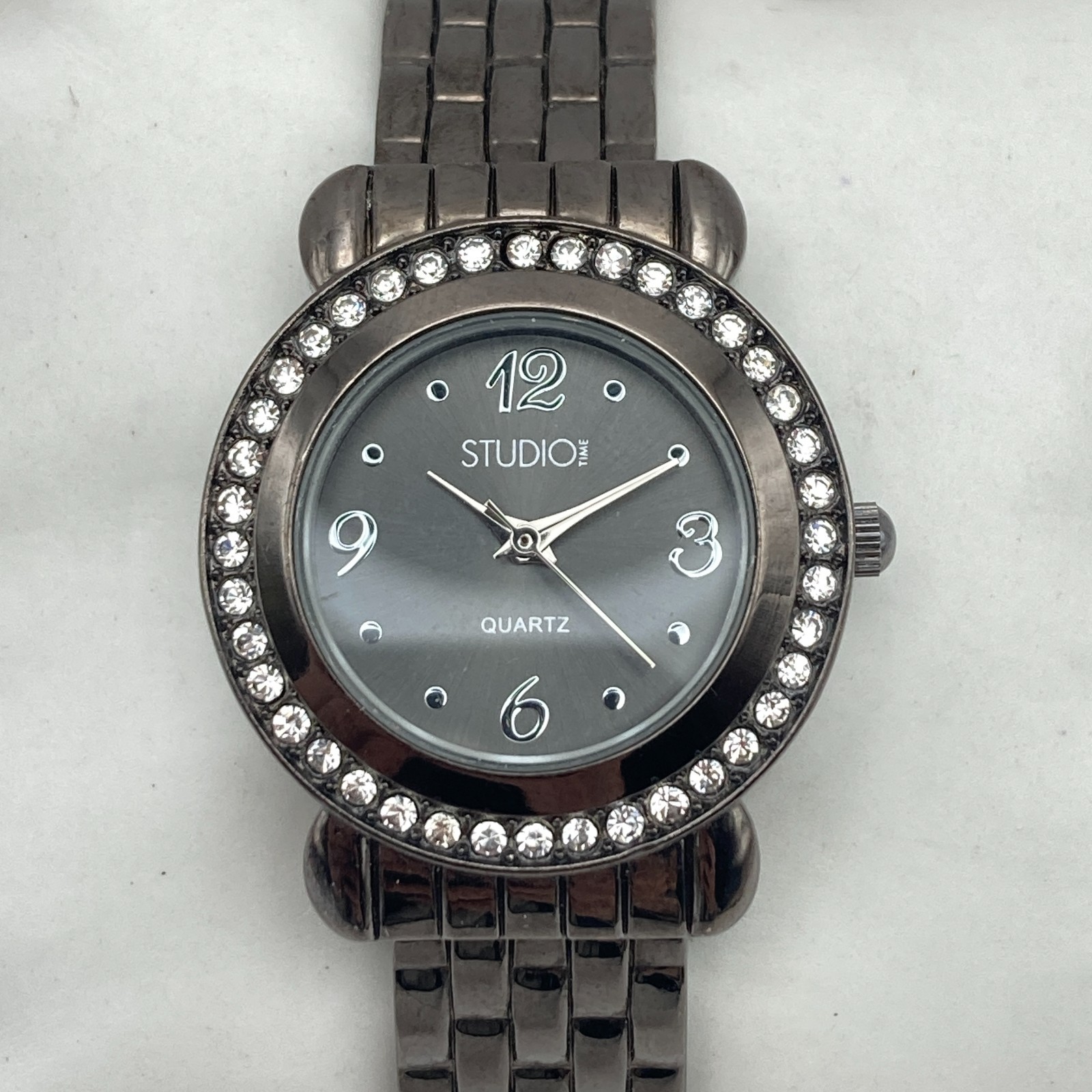 Studio Time Women’s Watch 30mm Black Cuff Crystals Bling New Battery 6.75″