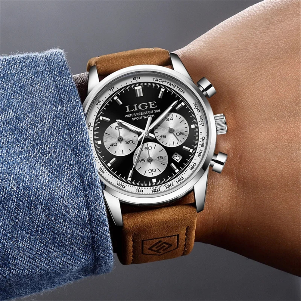 LIGE Men Watch Top Brand Luxury Military Leather Wristwatch Male Calendar Watch
