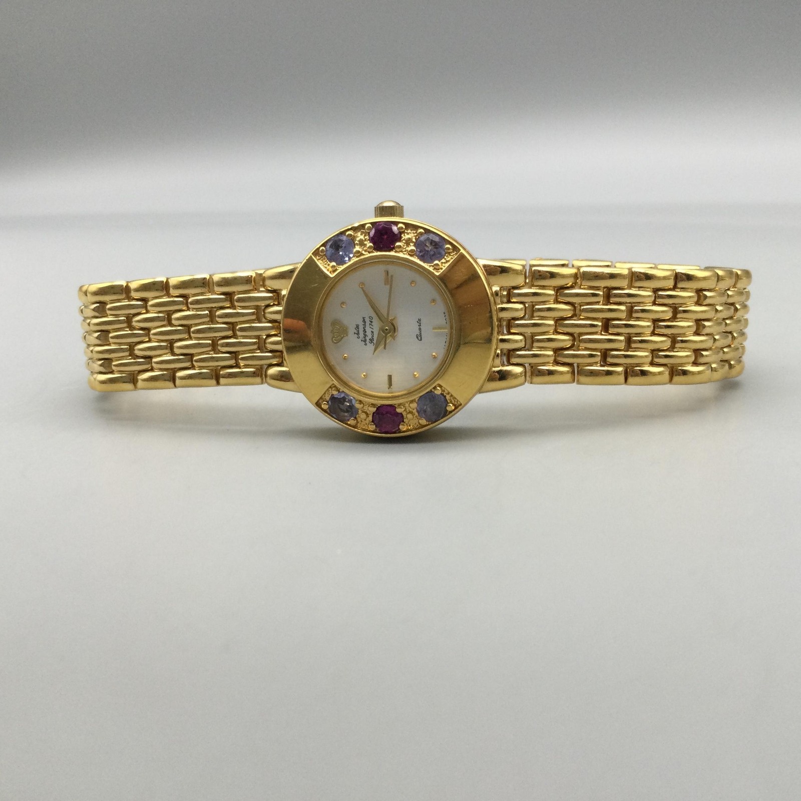 Jules Jurgensen Womens Watch 22mm Gold Tone Red Gemstones New Battery 6.75″
