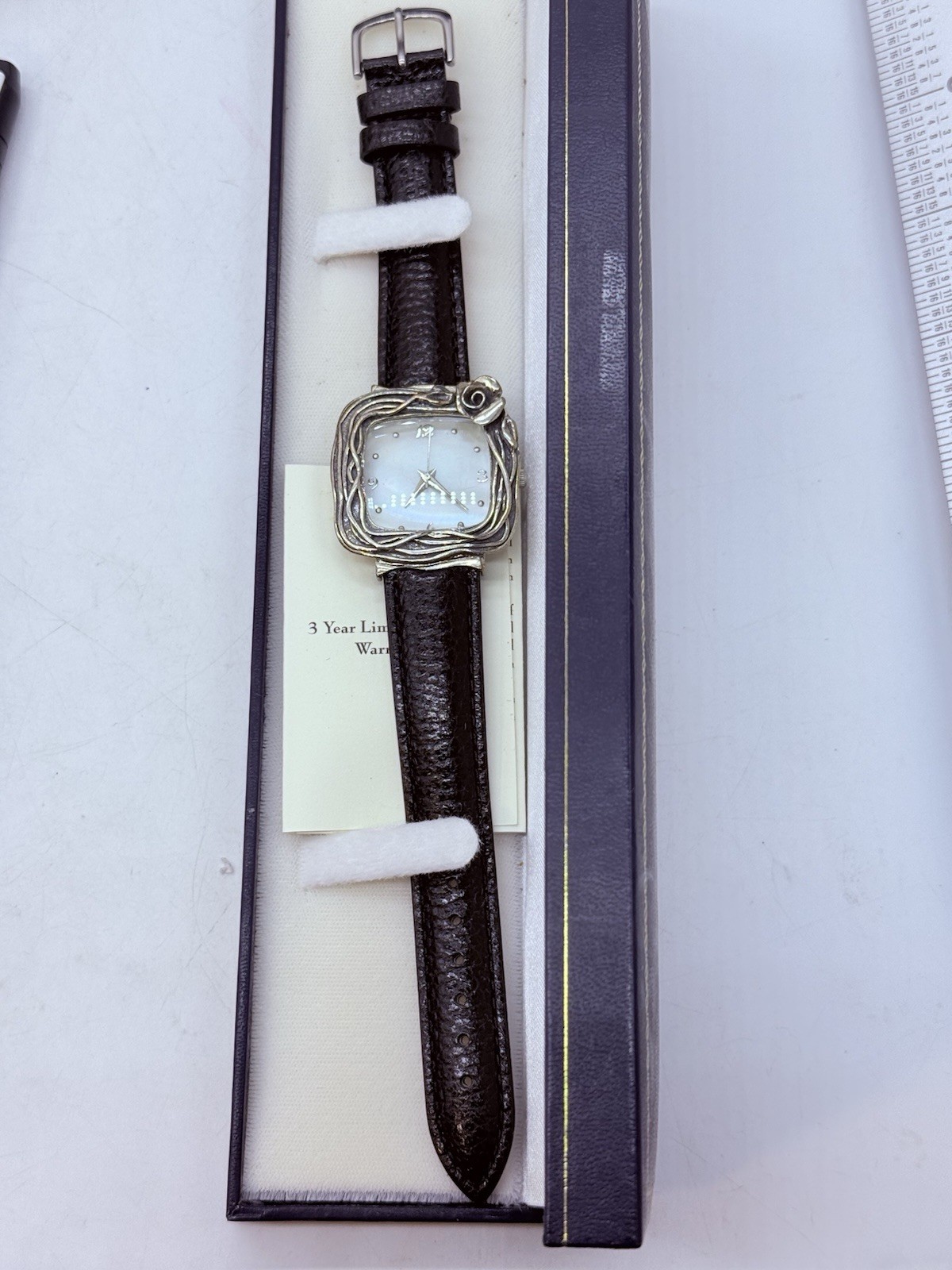 Or Paz Israel Silver Ladies Watch Black Leather Strap Rose Mother of Pearl Face