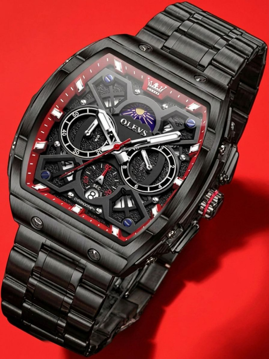 OLEVS Men’s Quartz Watch Waterproof Luminous Wristwatch Stainless Steel Black