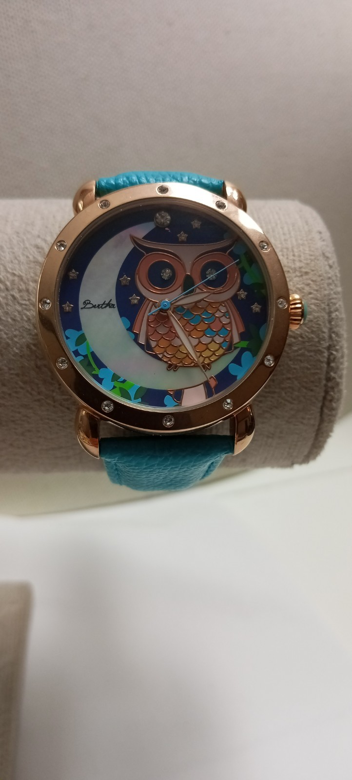 Bertha Watch 38mm Enamel Owl MOP Moon Stars Crystals Luxury Signed Gold Tone