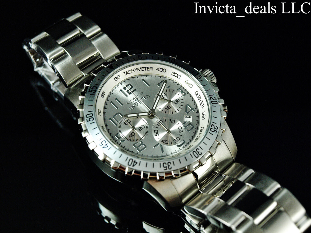 Invicta Men’s 45mm Specialty PILOT Chronograph SILVER DIAL Silver Tone SS Watch