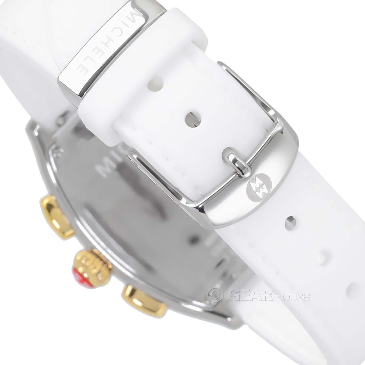 MICHELE Releve Womens Two-Tone Chronograph Watch Gold Silver White Silicone Band