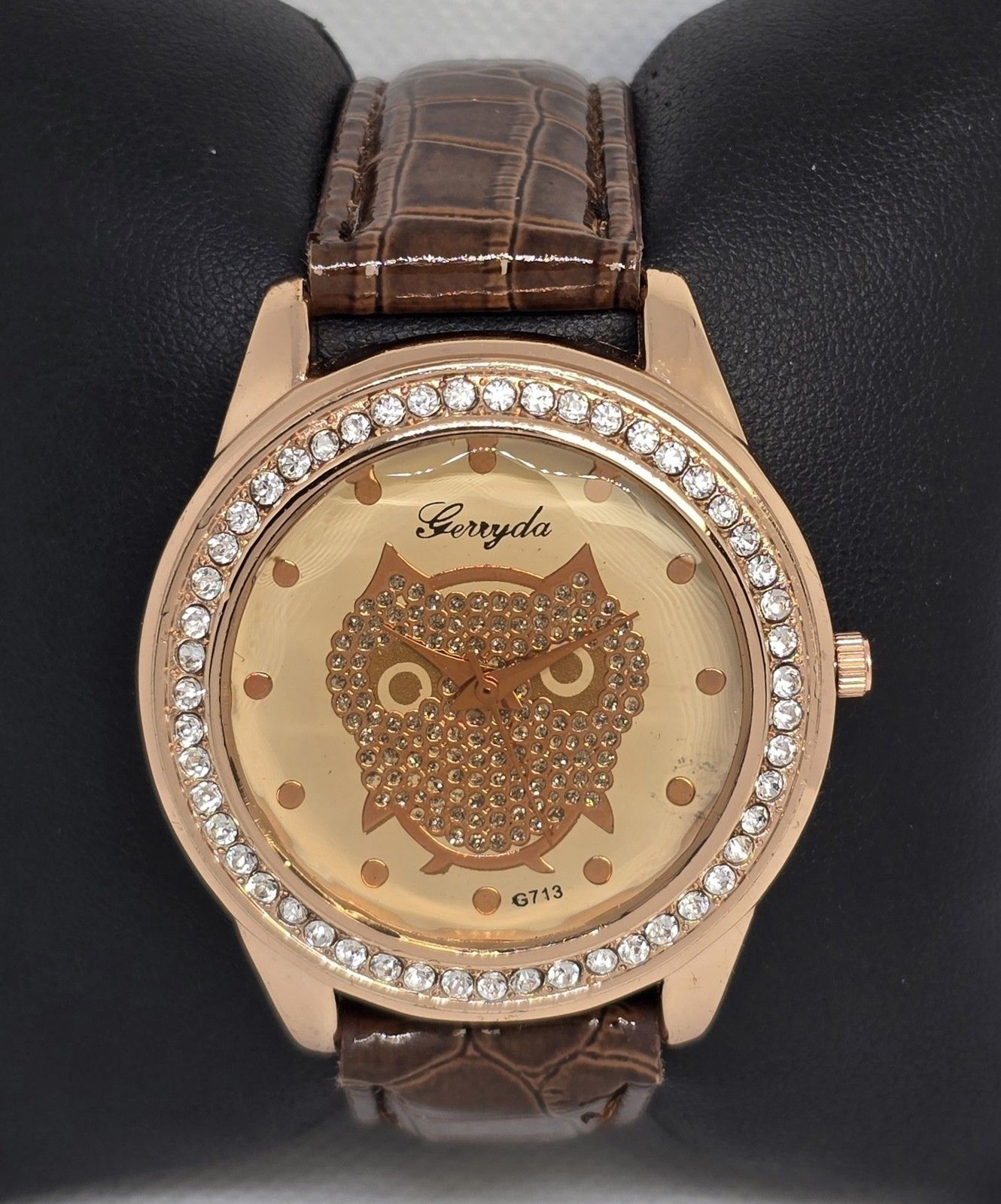 Women’s Gerryda G713 Rose Goldtone Crystal Bezel Owl Face Brown Leather Watch 06
