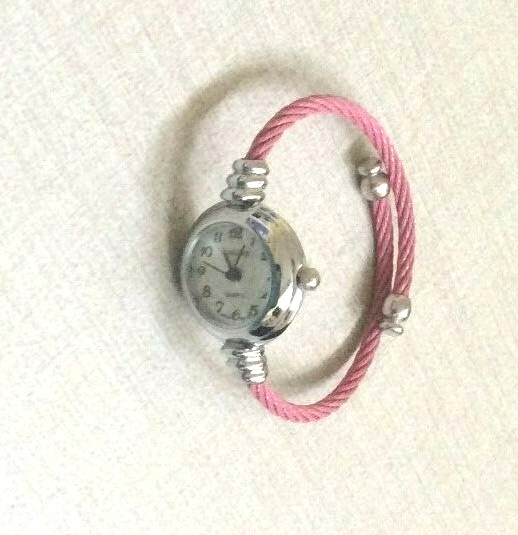 Finesse Womens Bangle Watch Silver Round Bezel Pearl Dial Small Pink Cable Band!