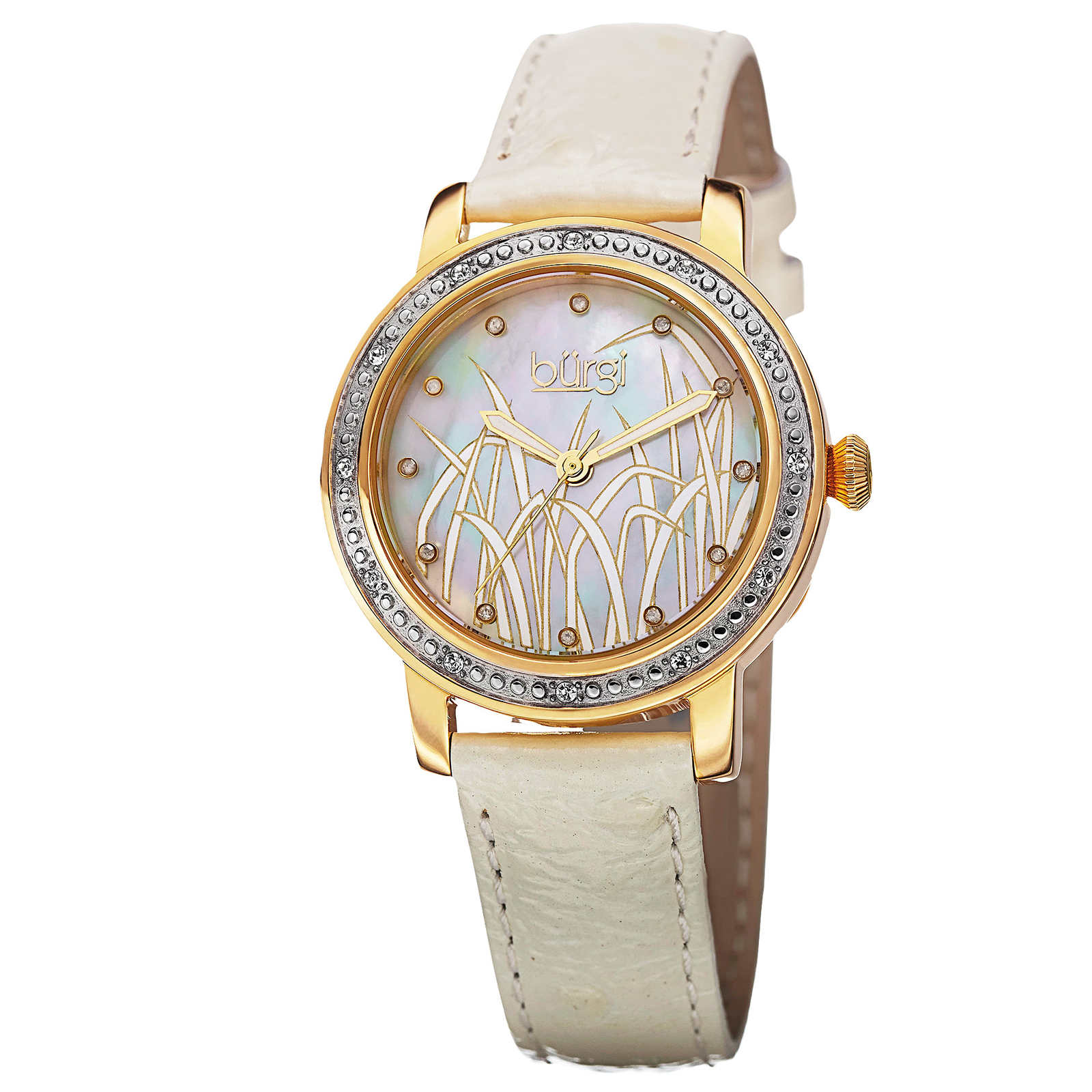 New Women’s Burgi BUR096YGW Pattern MOP Diamond Dial White Leather Strap Watch