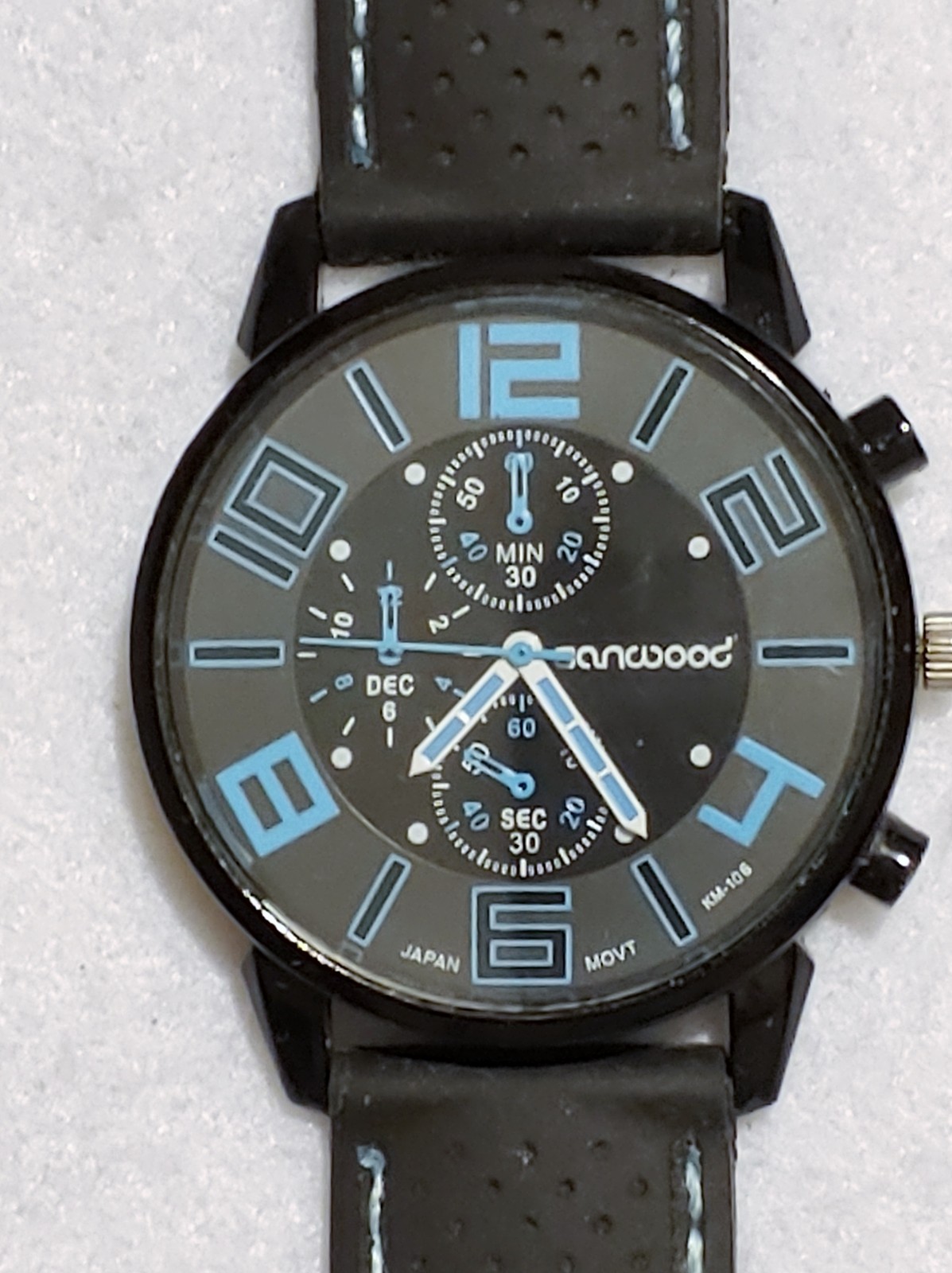 Sanwood-mens watch, black & Blue dial-black Rubber strap-Works Good-New Battery