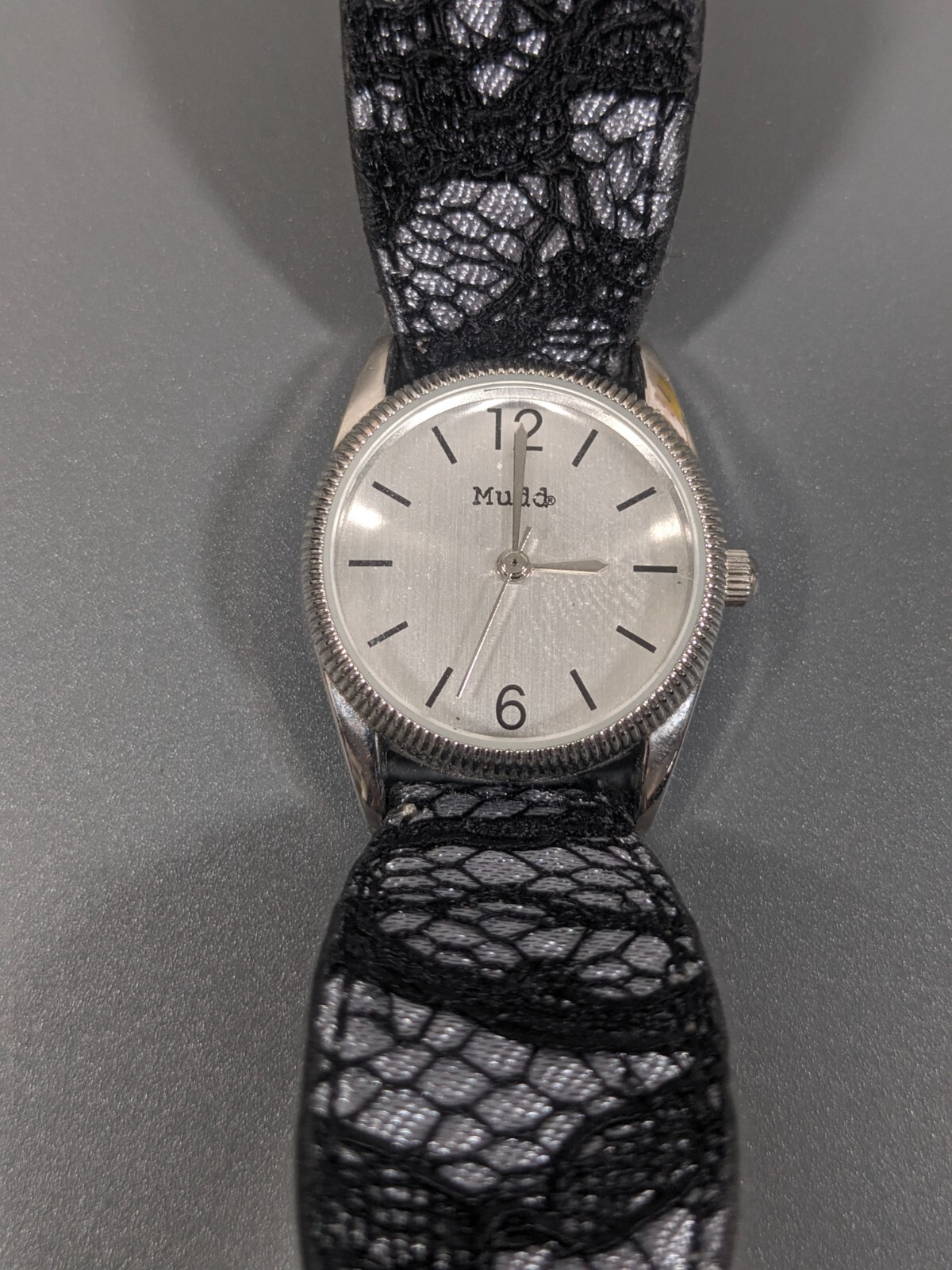 Mudd Silver Tone Round Dial Black Gray Lace Band Watch