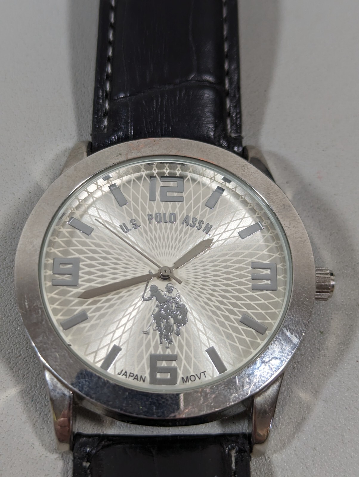 US Polo Assn Silver Tone Dial Round Case Black Faux Leather Band Watch