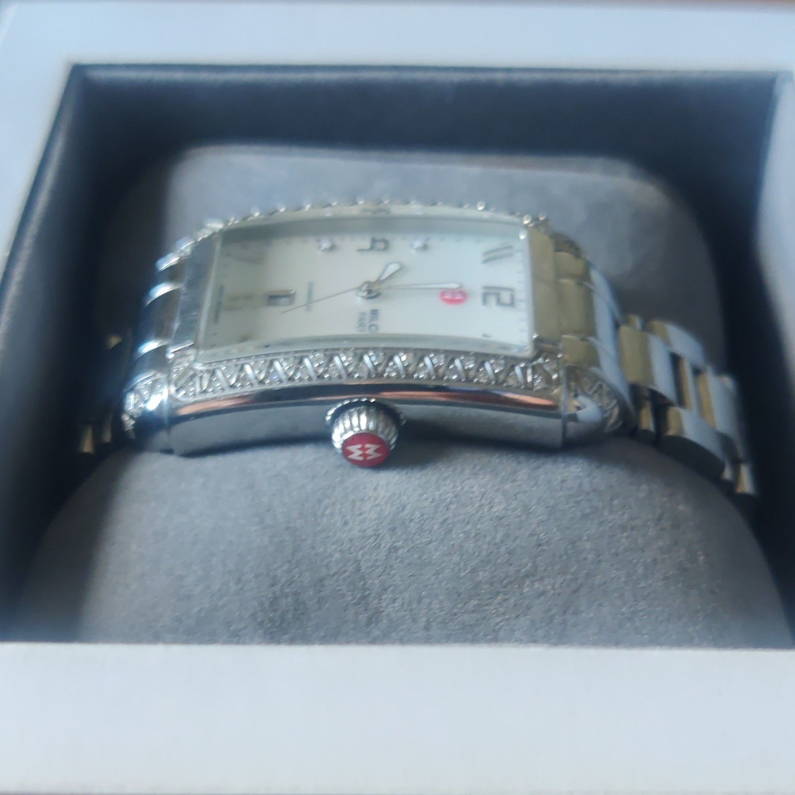 MICHELE Deco Women’s Swiss Quartz Diamond Bezel White Dial Watch w/ Box