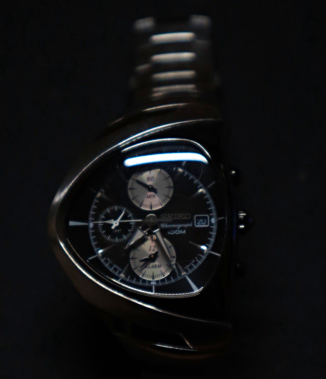 Seiko Chronograph Quartz 100m Date Black Dial Silver Cushion Steel Bracelet
