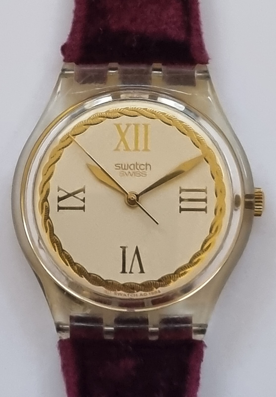 Vintage Swatch Saint Velours 33mm Quartz Purple Velvet Strap Watch GK203 (1995)