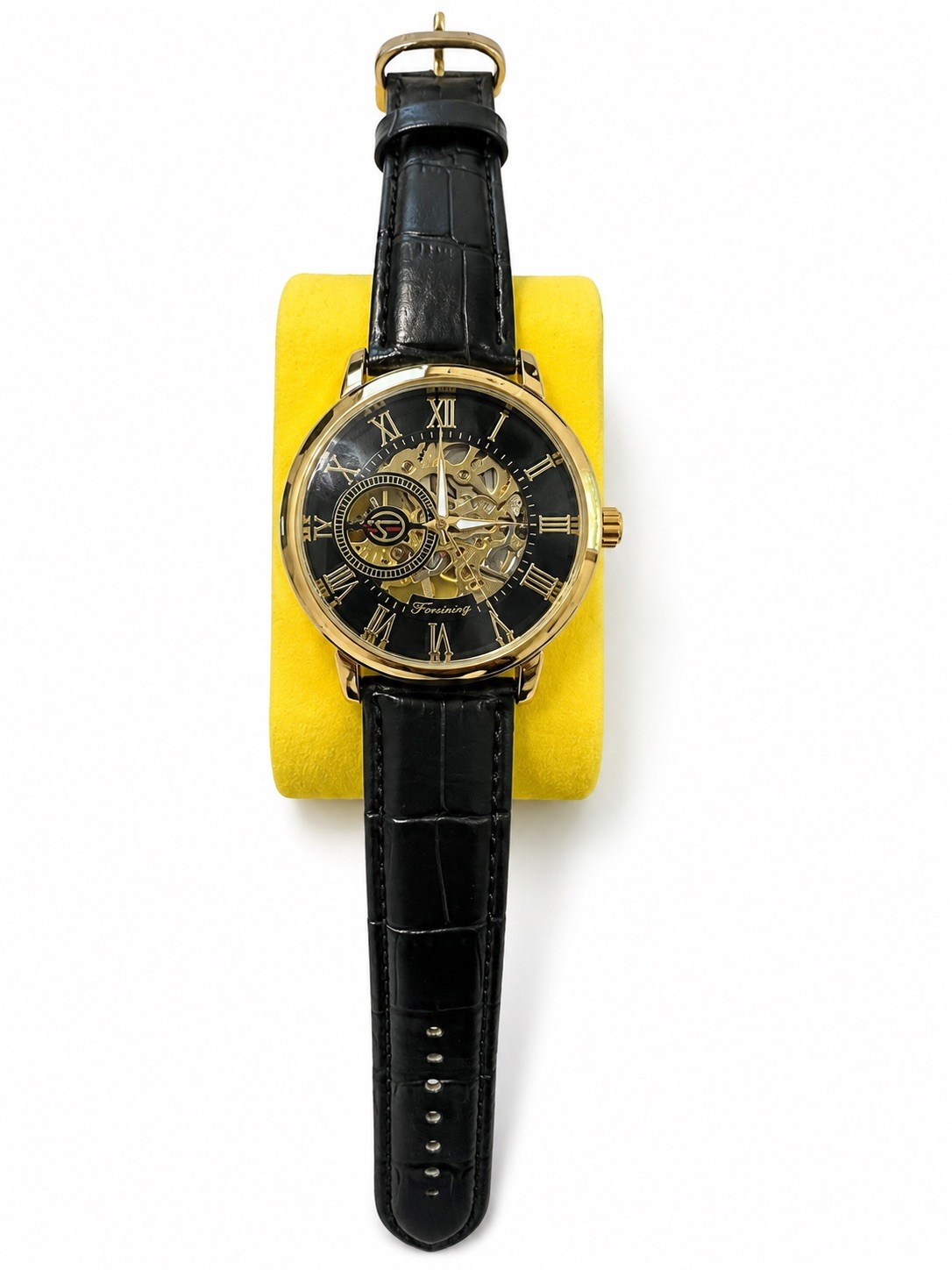 FORSINING Men’s Manual Skeleton Watch Gold Case Black Synthetic Leather Strap