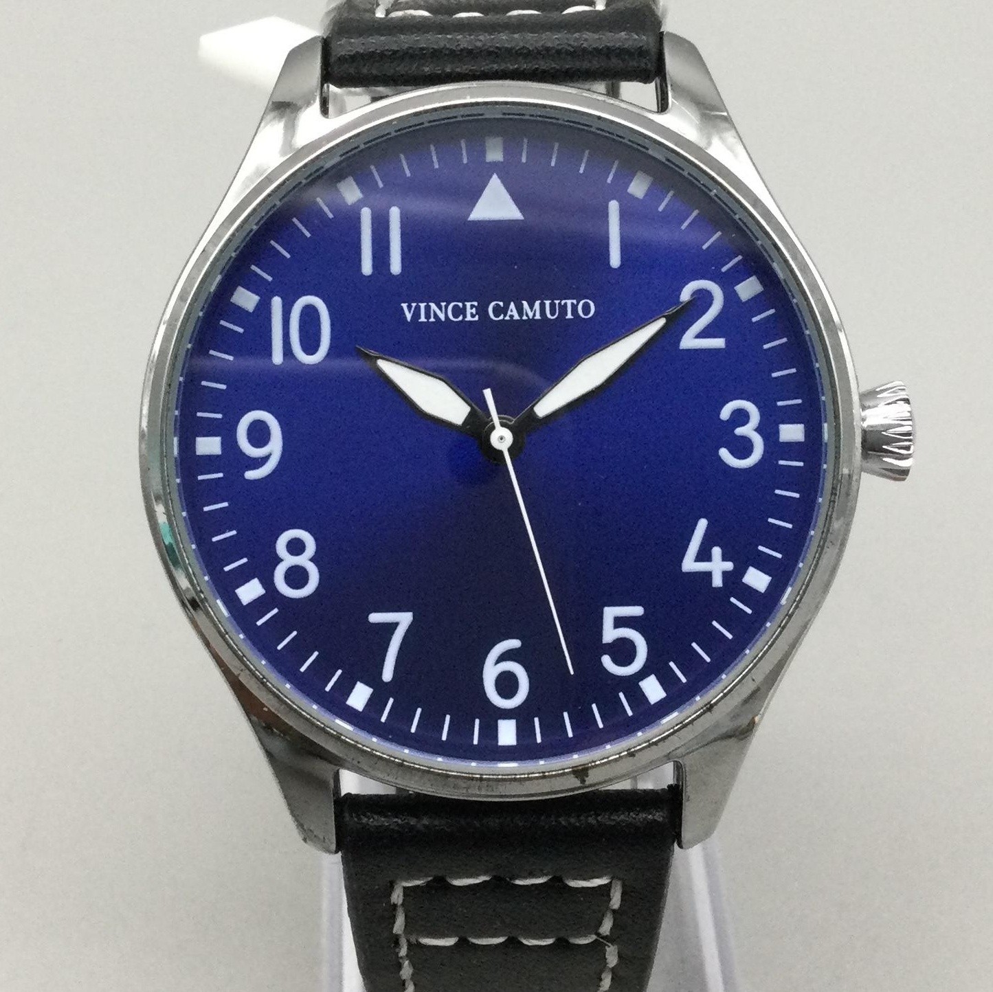 Vince Camuto Mens Watch 41mm Blue Dial Silver Tone Black Leather VCW2100M