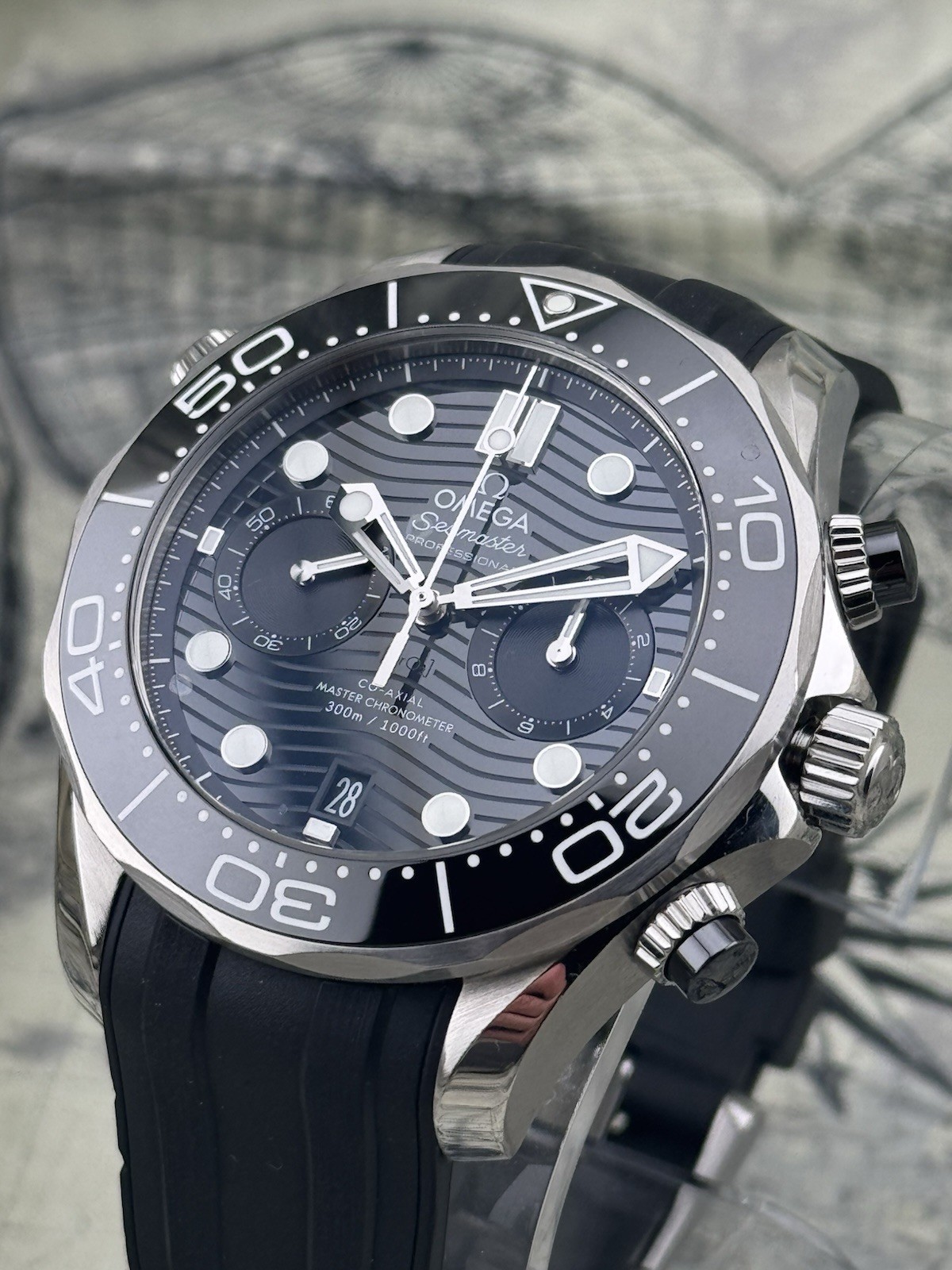 Omega Seamaster Diver 300 Chronograph Black 44 Wave Dial Steel Rubber CO-AXIAL