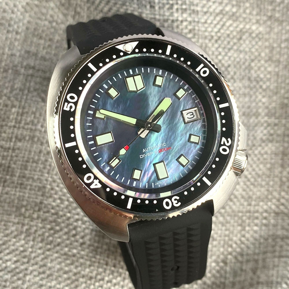 20ATM 44mm Tandorio Sterile Black Shell Dial NH35A Automatic Diving Mens Watch