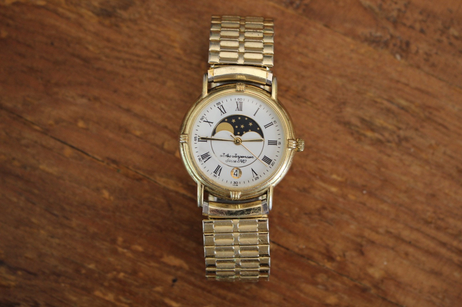 Jules Jurgensen Vintage Moon Phase Watch Gold Tone Roman Numerals Date