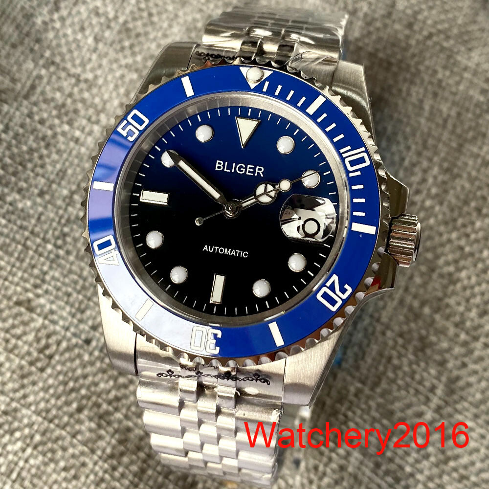 40mm Bliger Blue Dial NH35A Mens Watch Sapphire Glass Luminous Ceramic Bezel