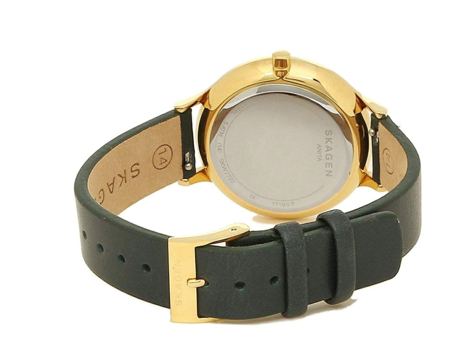 Skagen Quartz Watch Analog Leather Green Leather Strap, Gold Case, SKW2720 New